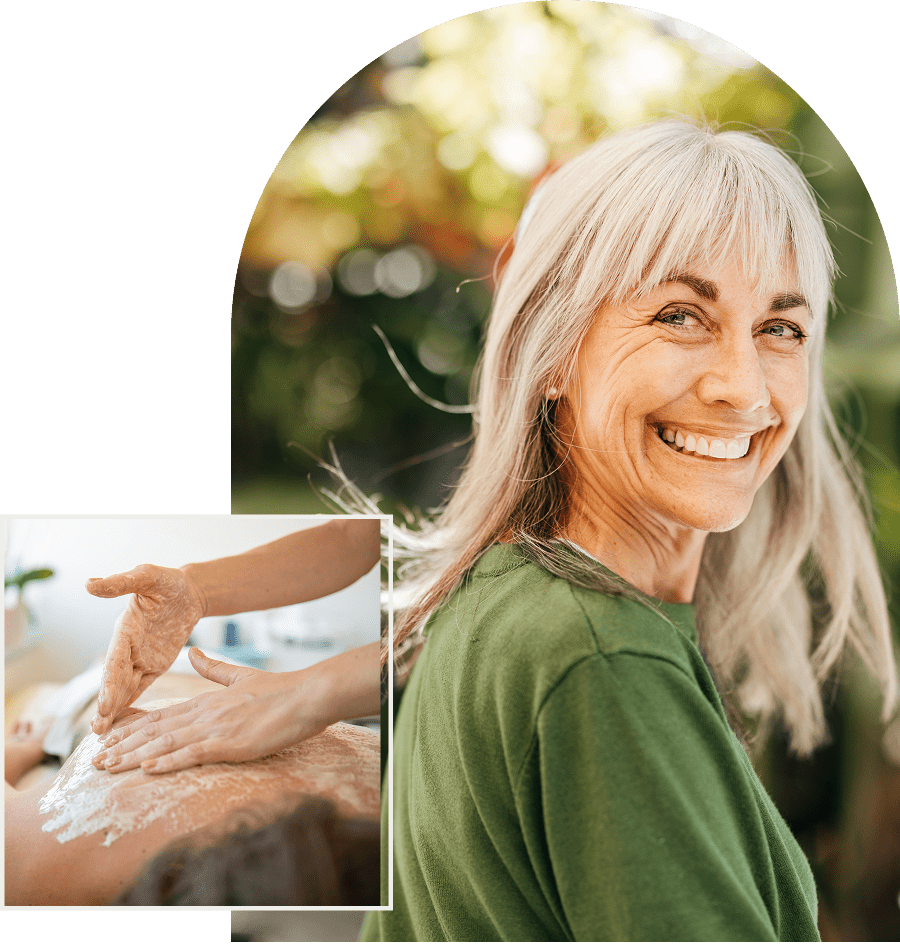 Smiling woman outdoors with spa treatment inset